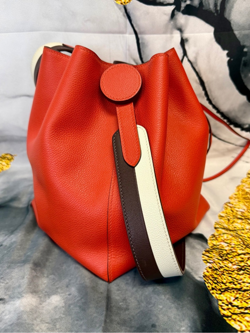 Hermes Women's Leather Bucket Bag - Red with Brown & Cream Strap